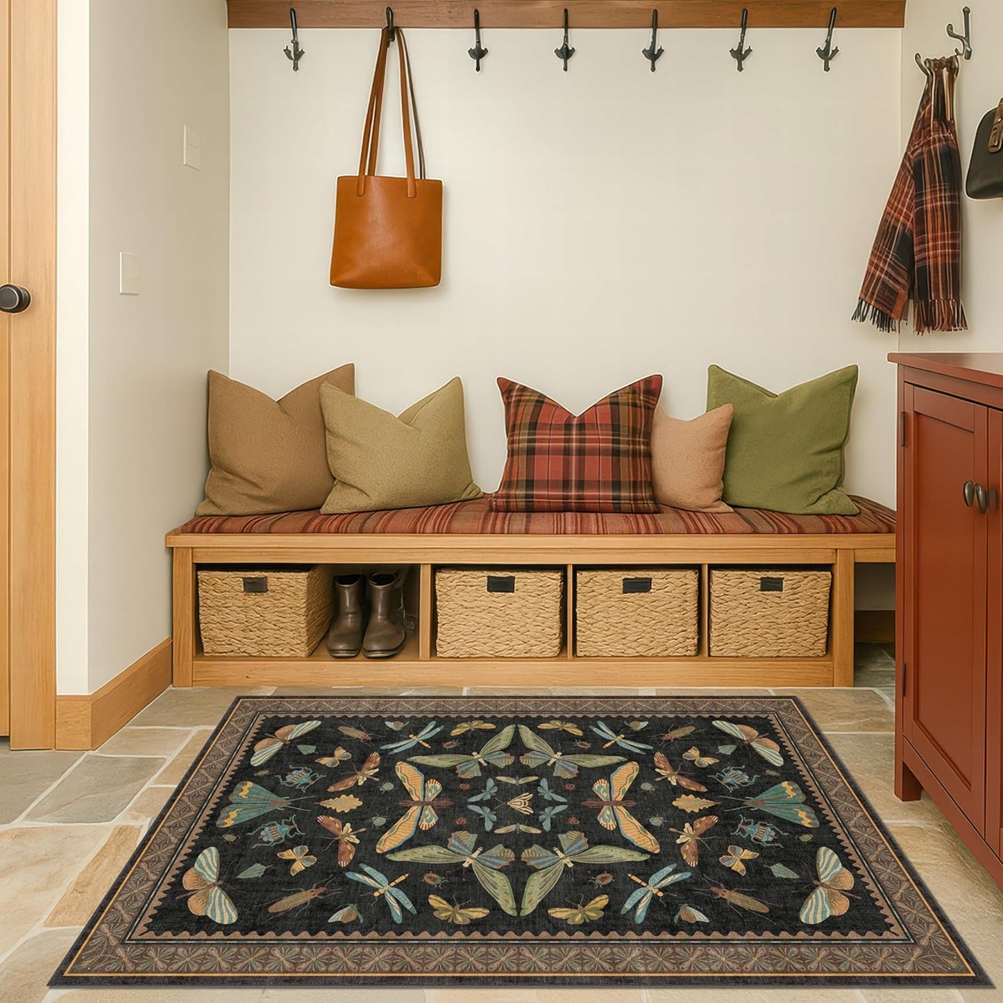 3x5 Entryway Rug Non Slip Washable - Black Throw Rug for Kitchen, Mudroom, Bedroom Bedside, Insect