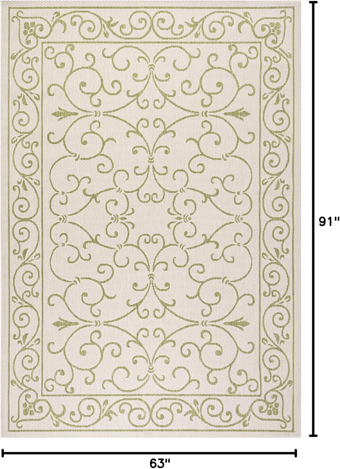 JONATHAN Y Vintage Filigree Indoor Outdoor Area Rug 5X8 Cream/Green, Charleston Textured Weave for