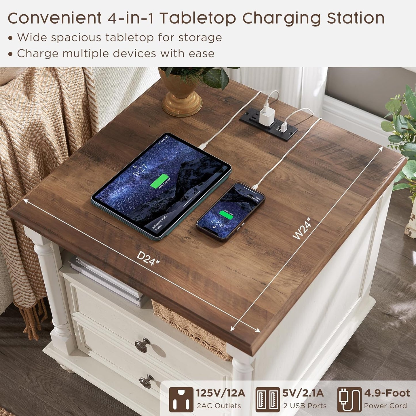 T4TREAM 24'' Farmhouse End Table w/4 Solid Wood Feet, Large 2 Drawers Wide Sofa Side Table with