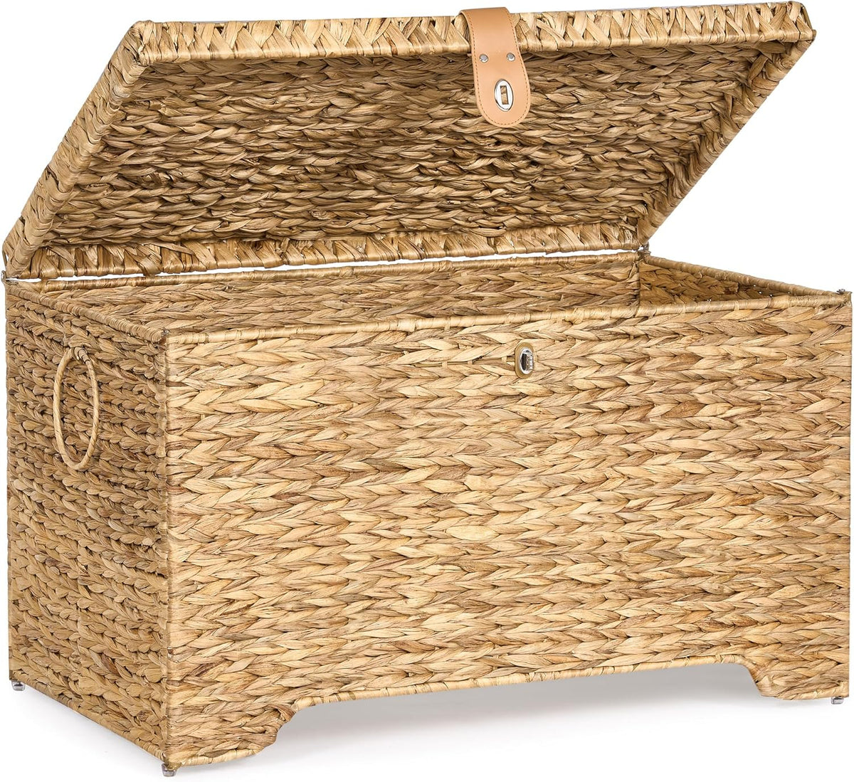 Handwoven Storage Basket with Lid, 165L Wicker Storage Bin, Natural Water Hyacinth, Leather Buckle