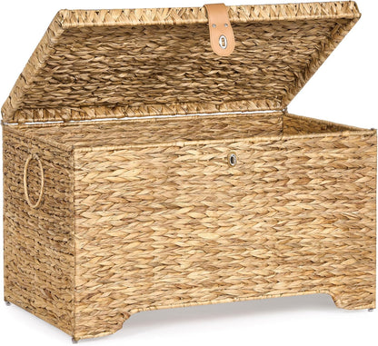 Handwoven Storage Basket with Lid, 165L Wicker Storage Bin, Natural Water Hyacinth, Leather Buckle
