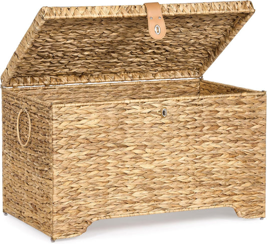 Handwoven Storage Basket with Lid, 165L Wicker Storage Bin, Natural Water Hyacinth, Leather Buckle