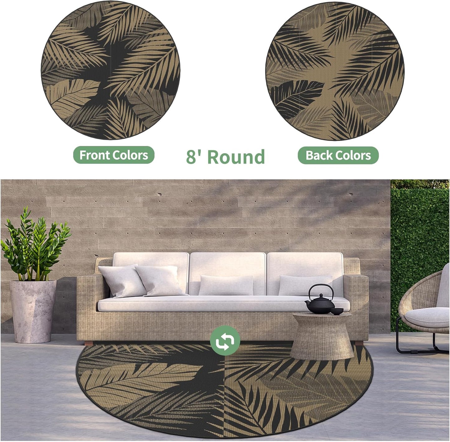 GENIMO Outdoor Rug 8' Round Waterproof for Patios Clearance, Reversible Outdoor Plastic Straw