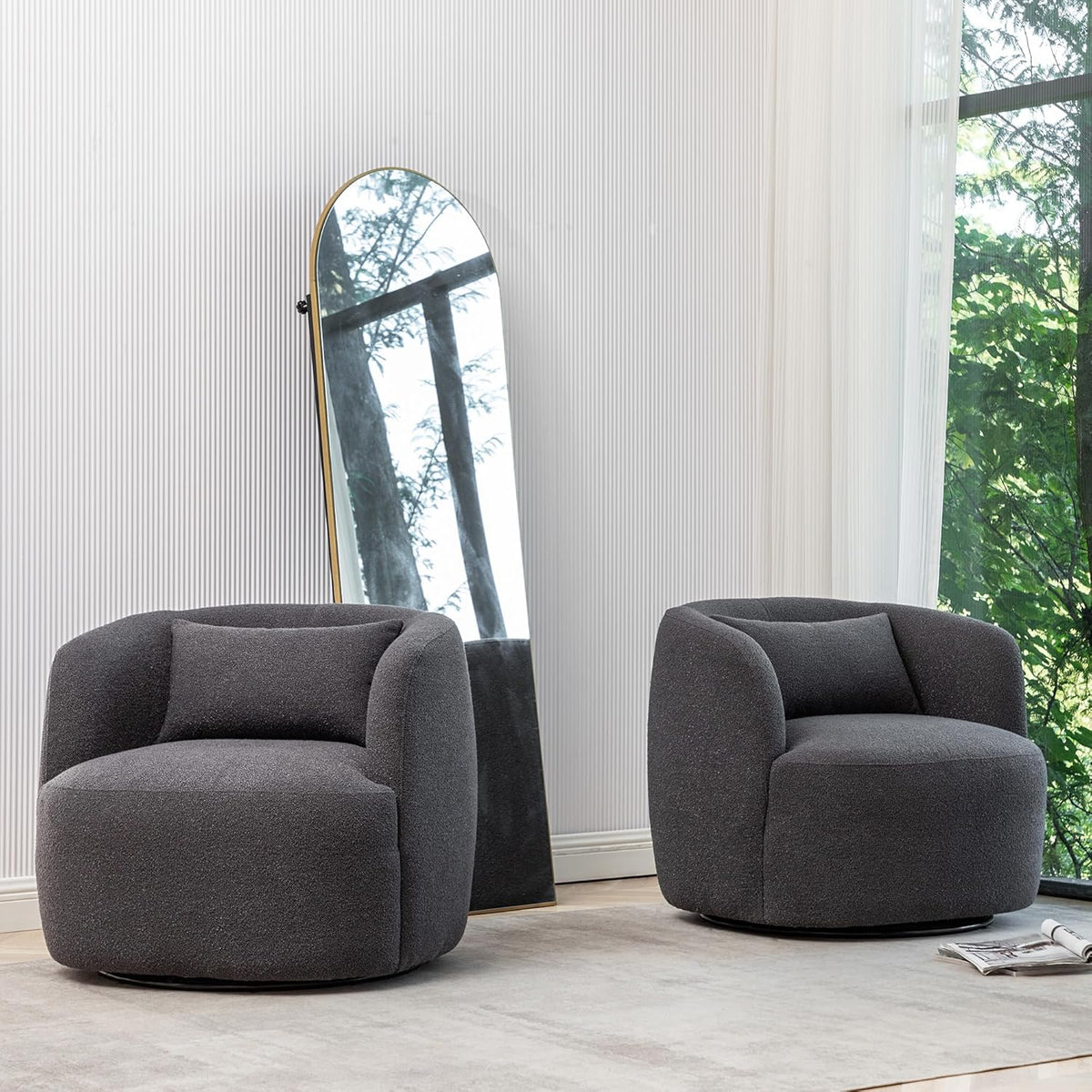 KINWELL 34" Wide Boucle Swivel Barrel Chairs Set of 2, No Assembly Round Upholstered Armchairs