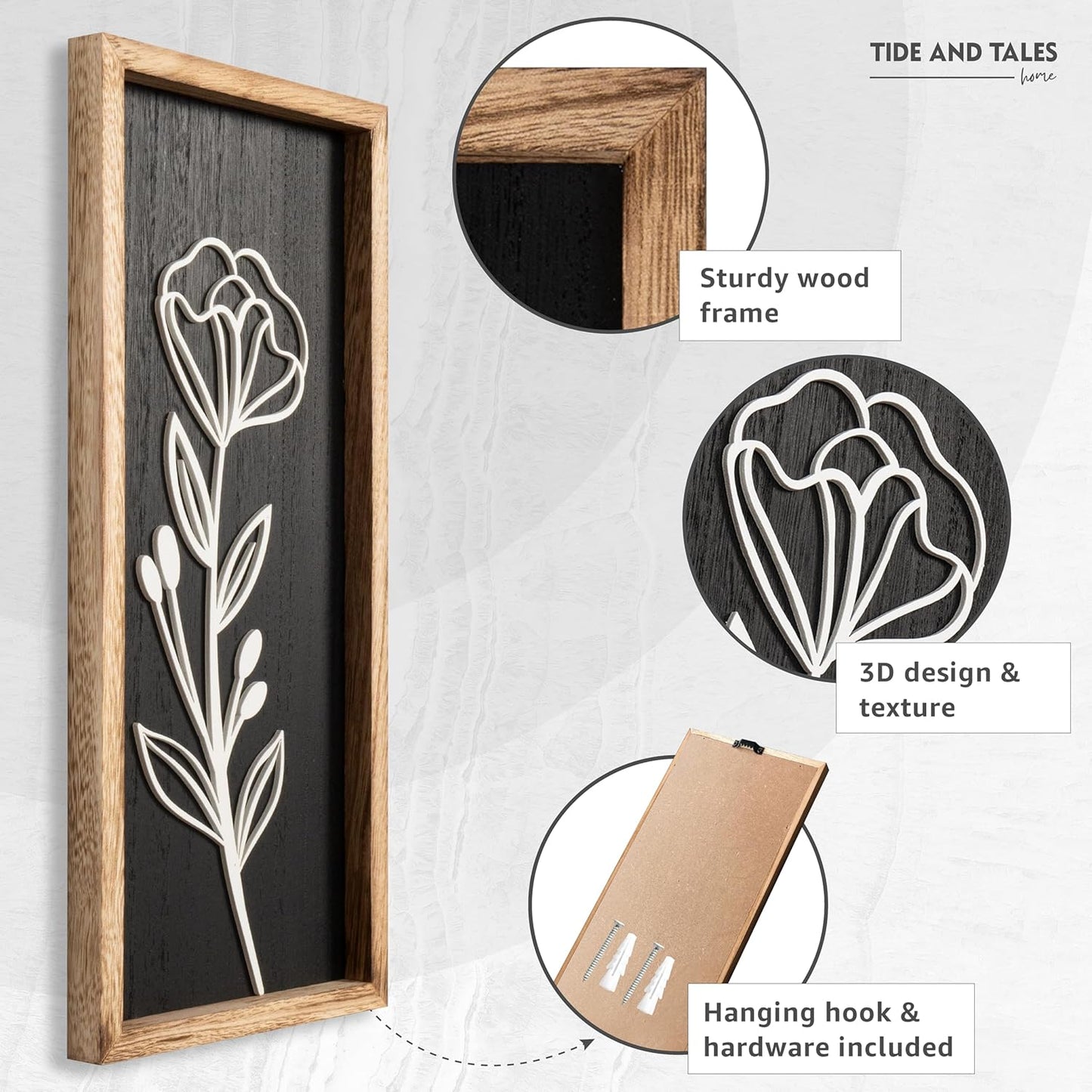 3D Vintage Black Living Room Decor (Set of 2) Lightweight, Wooden Ready-to-Hang Framed Moody Floral