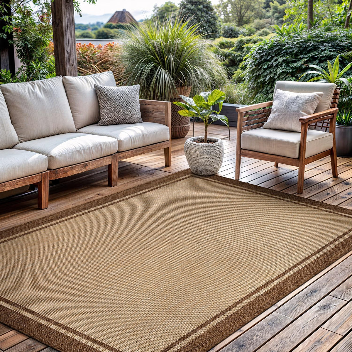 CAMILSON Outdoor Rug 9x12 Bordered Natural Brown Modern Area Rugs for Indoor and Outdoor Patios
