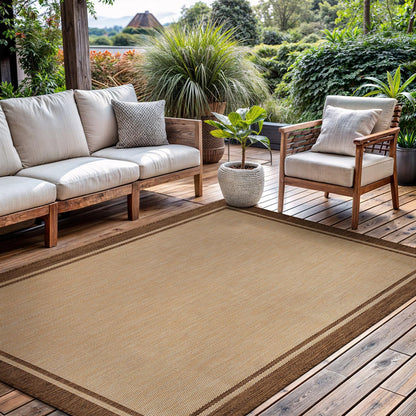 CAMILSON Outdoor Rug 8x10 Bordered Natural Brown Modern Area Rugs for Indoor and Outdoor Patios