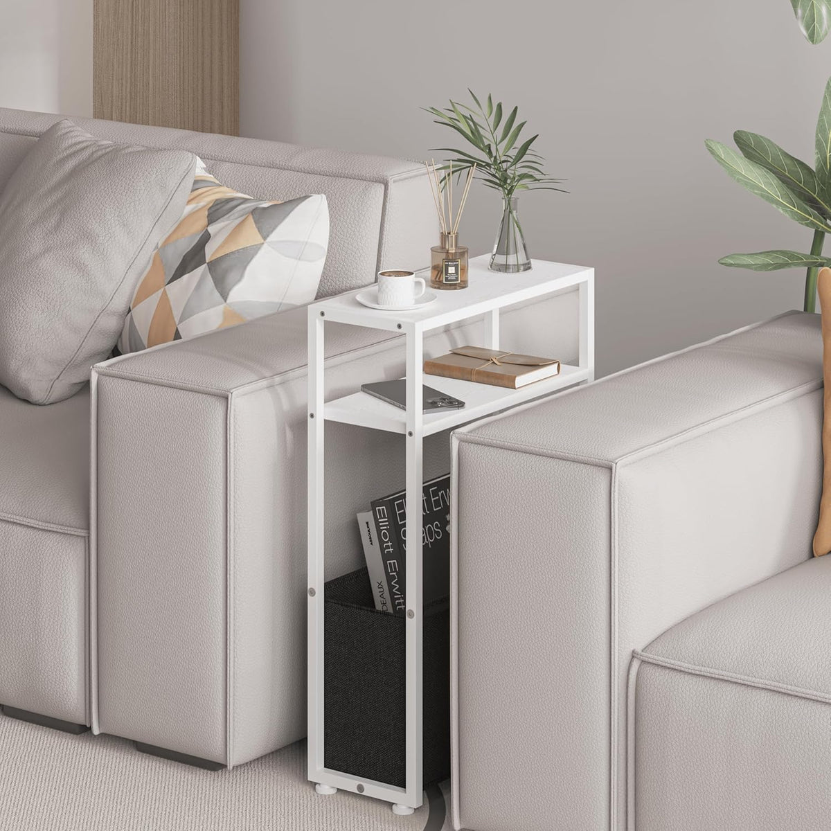 Narrow Side Table, Slim End Tables with Fabric Basket, Skinny Table for Small Spaces, Thin Bedside