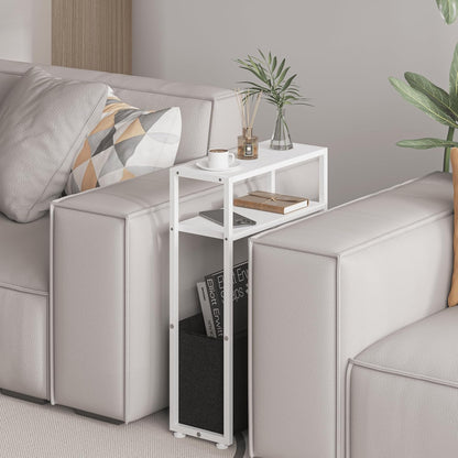 Narrow Side Table, Slim End Tables with Fabric Basket, Skinny Table for Small Spaces, Thin Bedside