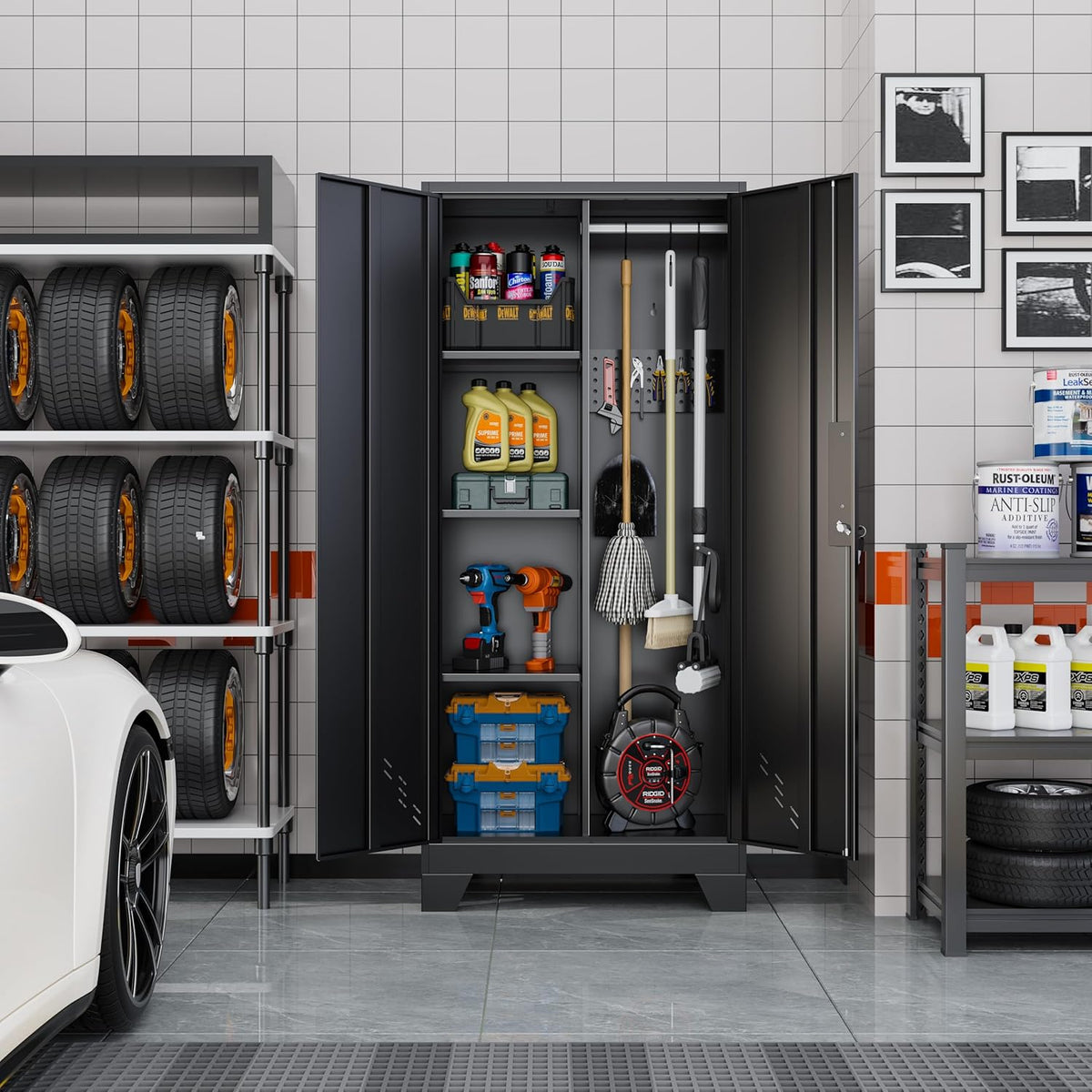 61" Broom Closet Storage Cabinet, Metal Storage Cabinet with Doors, Utility Cabinets for Brooms and