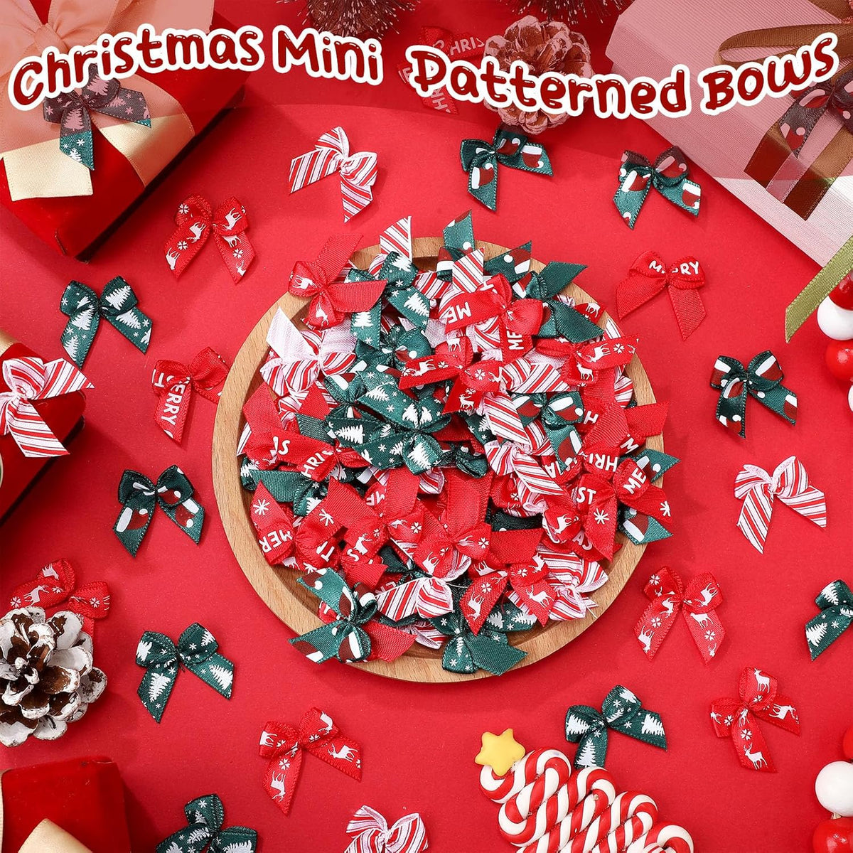Syhood 150 Pcs Christmas Mini Bow Tiny Twist Tie Bow Handmade Craft Ribbon for DIY Sewing Party