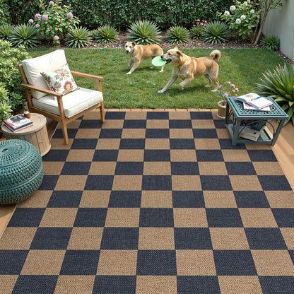 Lahome Checkered Easy Jute Living Room Rugs, 5x7 Dining Room Office Rug Farmhouse Outdoor Patio