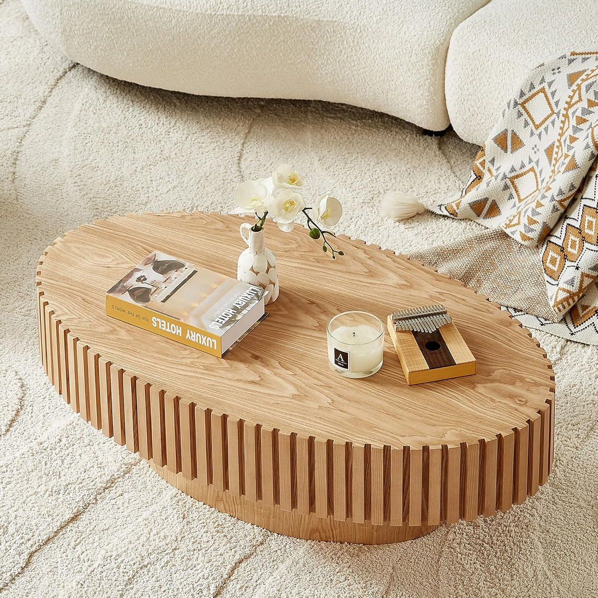 Oval Coffee Table for Living Room, Modern Fluted Coffee Tables with Pedestal Base, Handcrafted