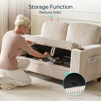 LINSY HOME Loveseat Sofa with Storage - Comfy Plush Corduroy 2 Seater Sofa with USB Charging & Cup