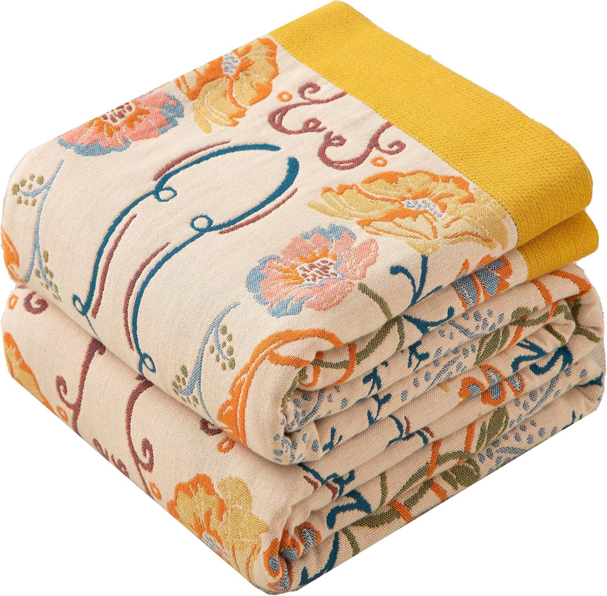 Boho Throw Blanket Twin Size, Soft Cozy Cotton Muslin Quilt Blanket for Bed Decor, Floral Patterned