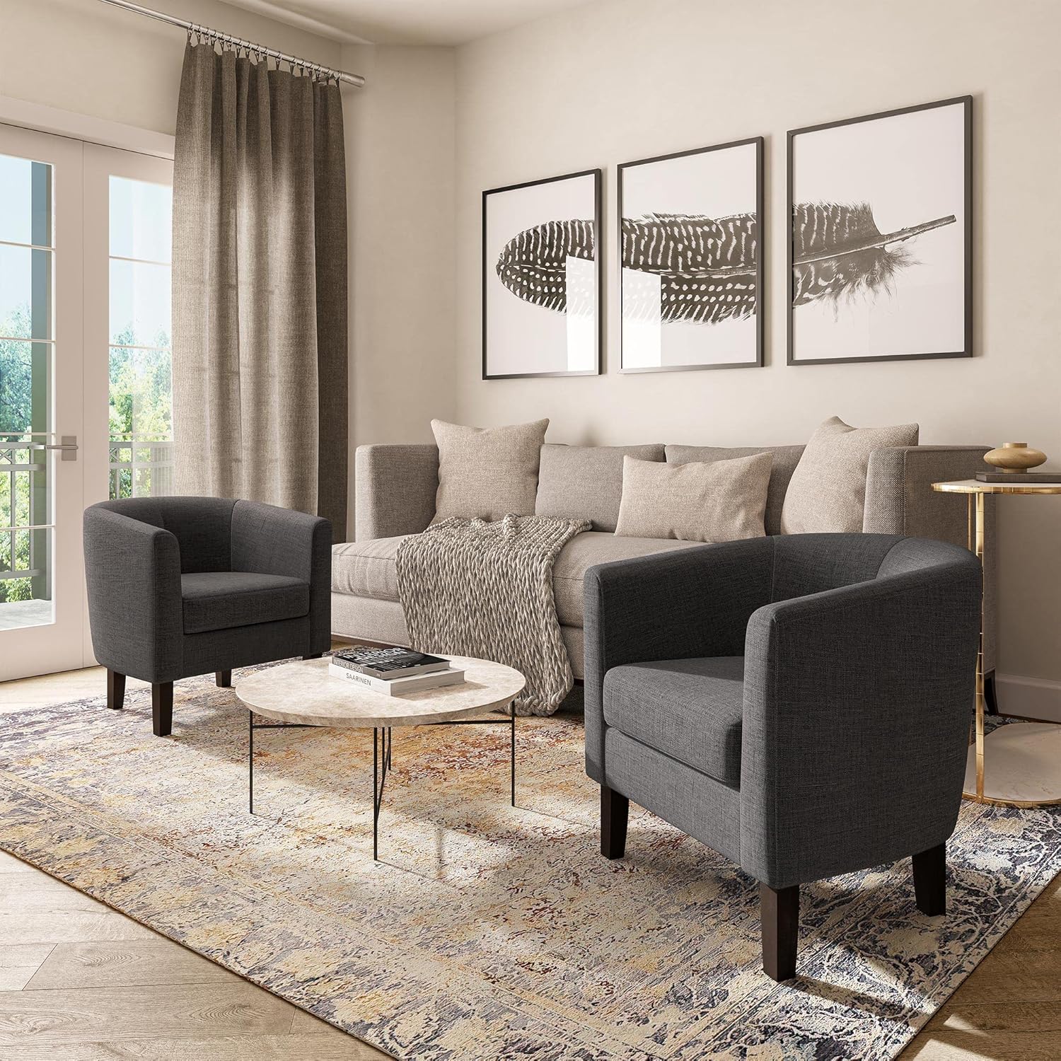 BELLEZE Living Room Chairs Set of 2, Linen Round Accent Barrel Chairs, Club Tub Sofa Chairs for