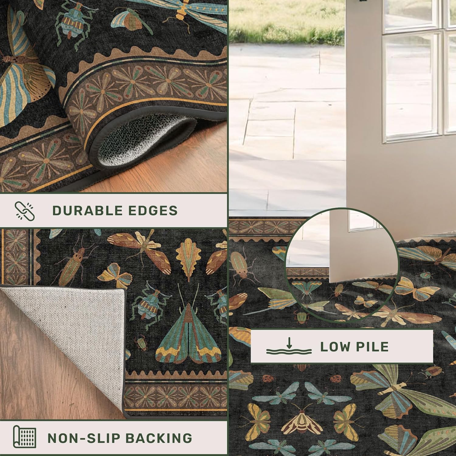 Black Washable Insect Area Rugs 8x10 - Bug, Dragonfly, Bee, Moth, Butterfly Print Rugs for Living
