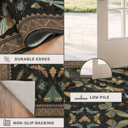 3x5 Entryway Rug Non Slip Washable - Black Throw Rug for Kitchen, Mudroom, Bedroom Bedside, Insect