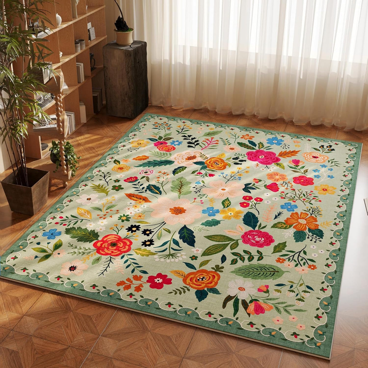 Area Rug 4x6 Rug Washable Boho Rugs Non Slip Low Pile Floral Small Carpet for Bedroom, Bedside