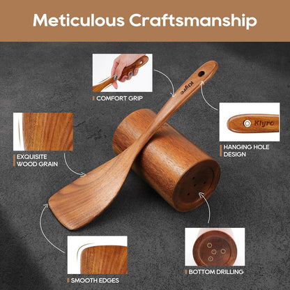 Wooden Spoons for Cooking, Nonstick Kitchen Utensils Set with 4 Piece Measuring Spoons, Comfort