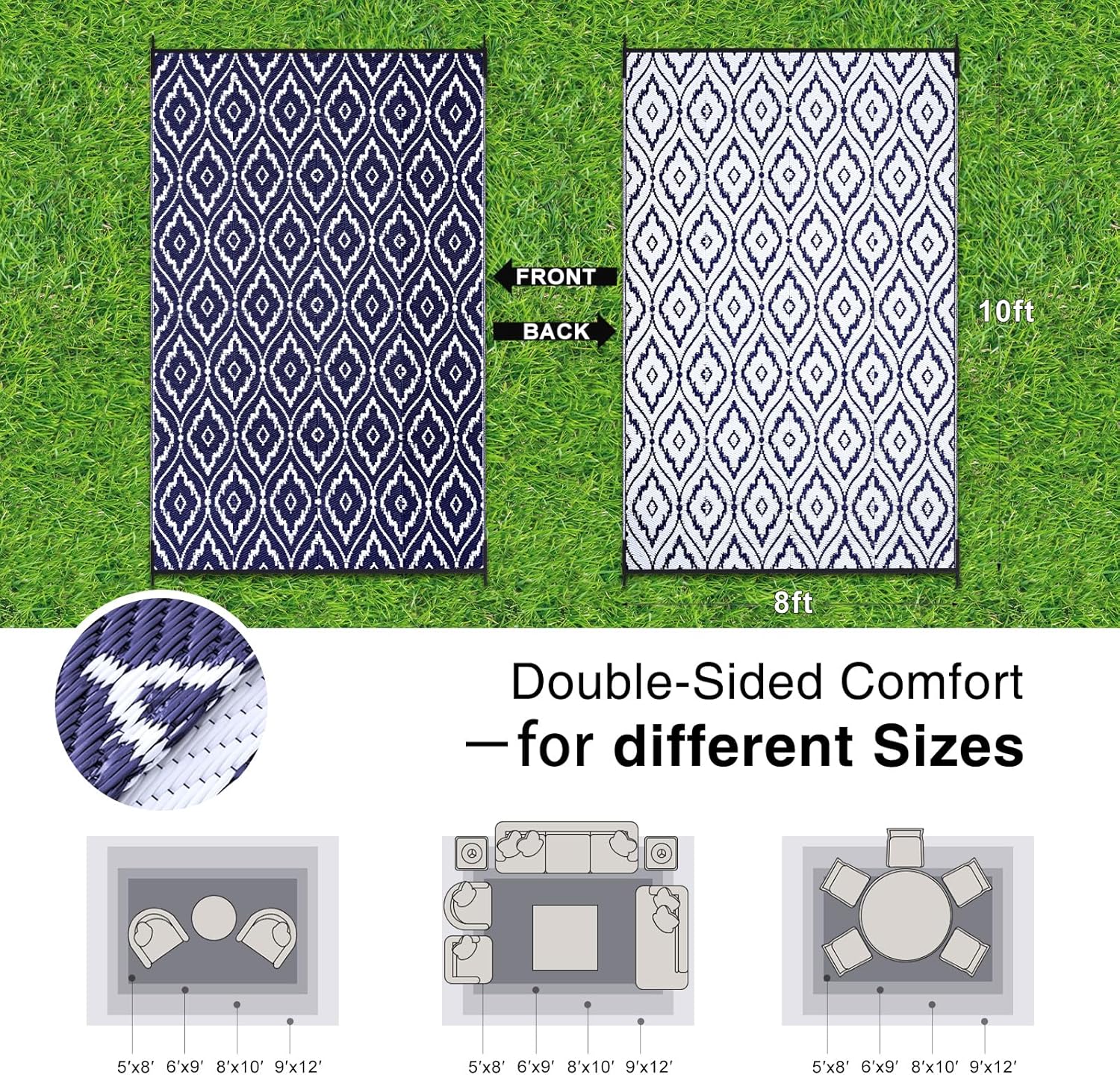 OLANLY Outdoor Rug 8x10 ft Waterproof, Outdoor Plastic Straw Rug with Geometric Pattern Clearance