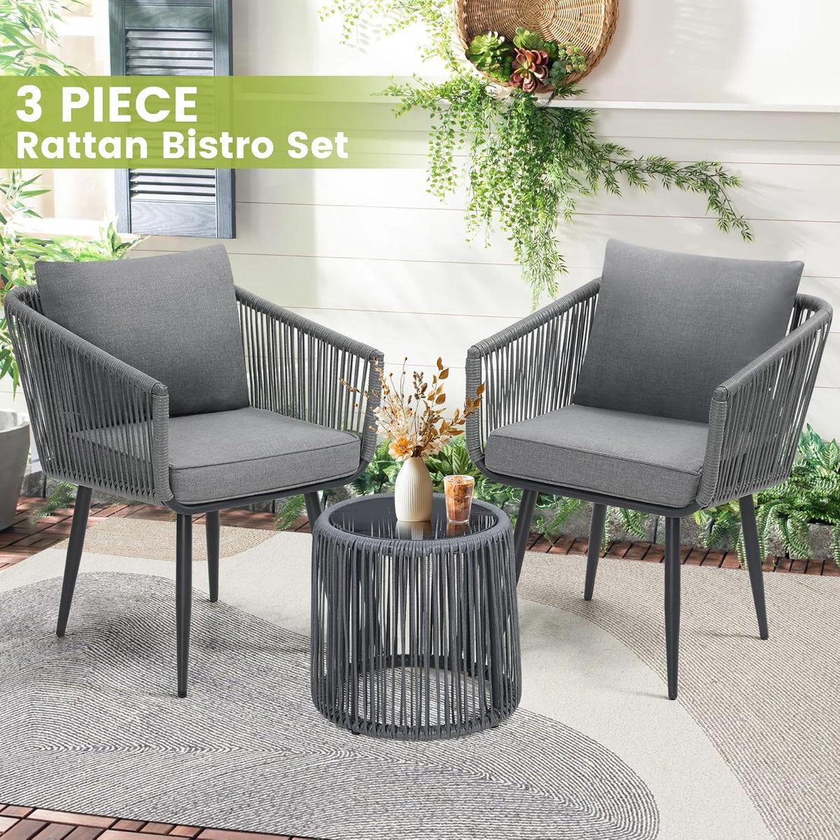 Kromax 3 Pieces Patio Rattan Bistro Conversation Set, Outdoor All-Weather Wicker Furniture Chairs