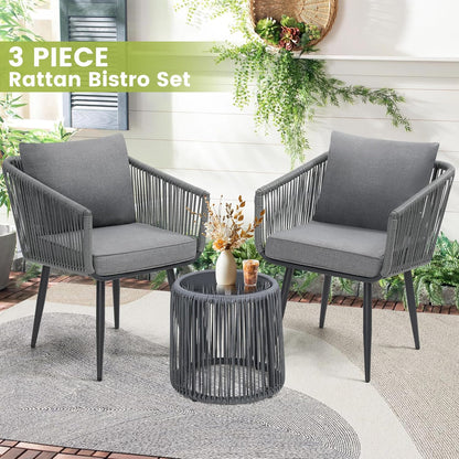 Kromax 3 Pieces Patio Rattan Bistro Conversation Set, Outdoor All-Weather Wicker Furniture Chairs