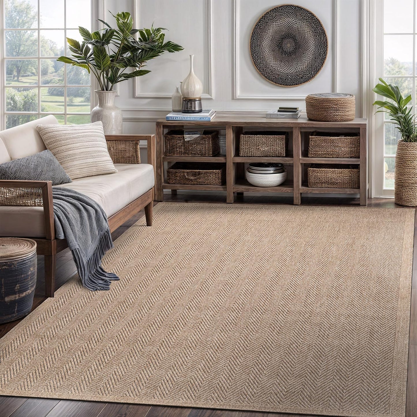 CAMILSON Easy Jute Rug 5x7, Indoor Outdoor Natural Color Fiber Area Rugs for Living Room Patio and