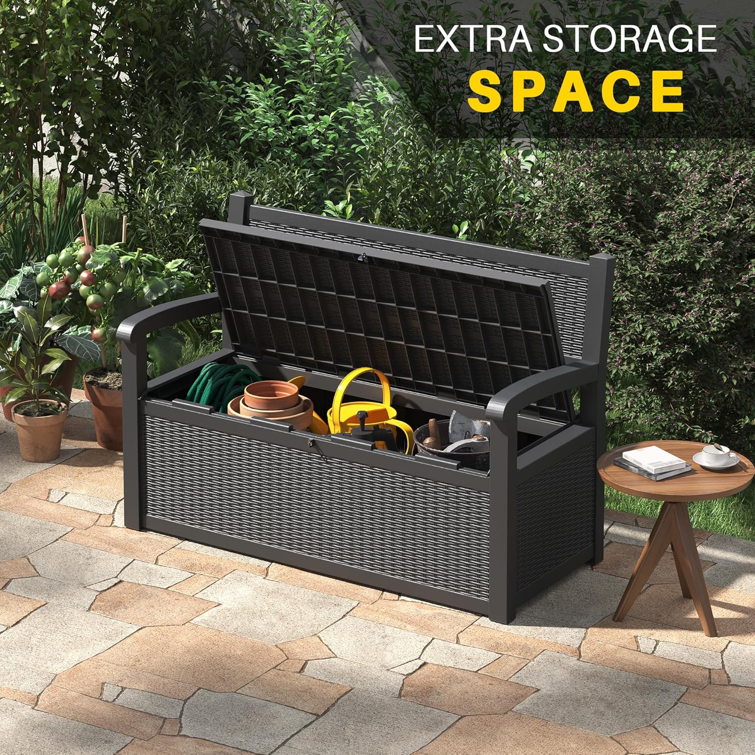 70 Gallon Outdoor Storage Box, Resin Patio Furniture with Armrest, Lockable Deck Box with