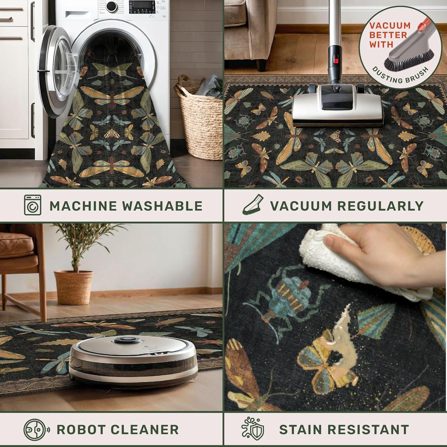 3x5 Entryway Rug Non Slip Washable - Black Throw Rug for Kitchen, Mudroom, Bedroom Bedside, Insect