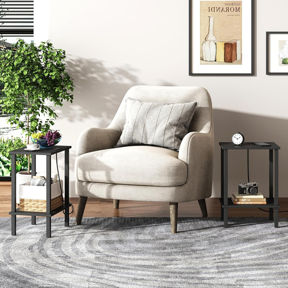 TUTOTAK End Table with Charging Station, Side Table with USB Ports and Outlets, Nightstand, 2-Tier