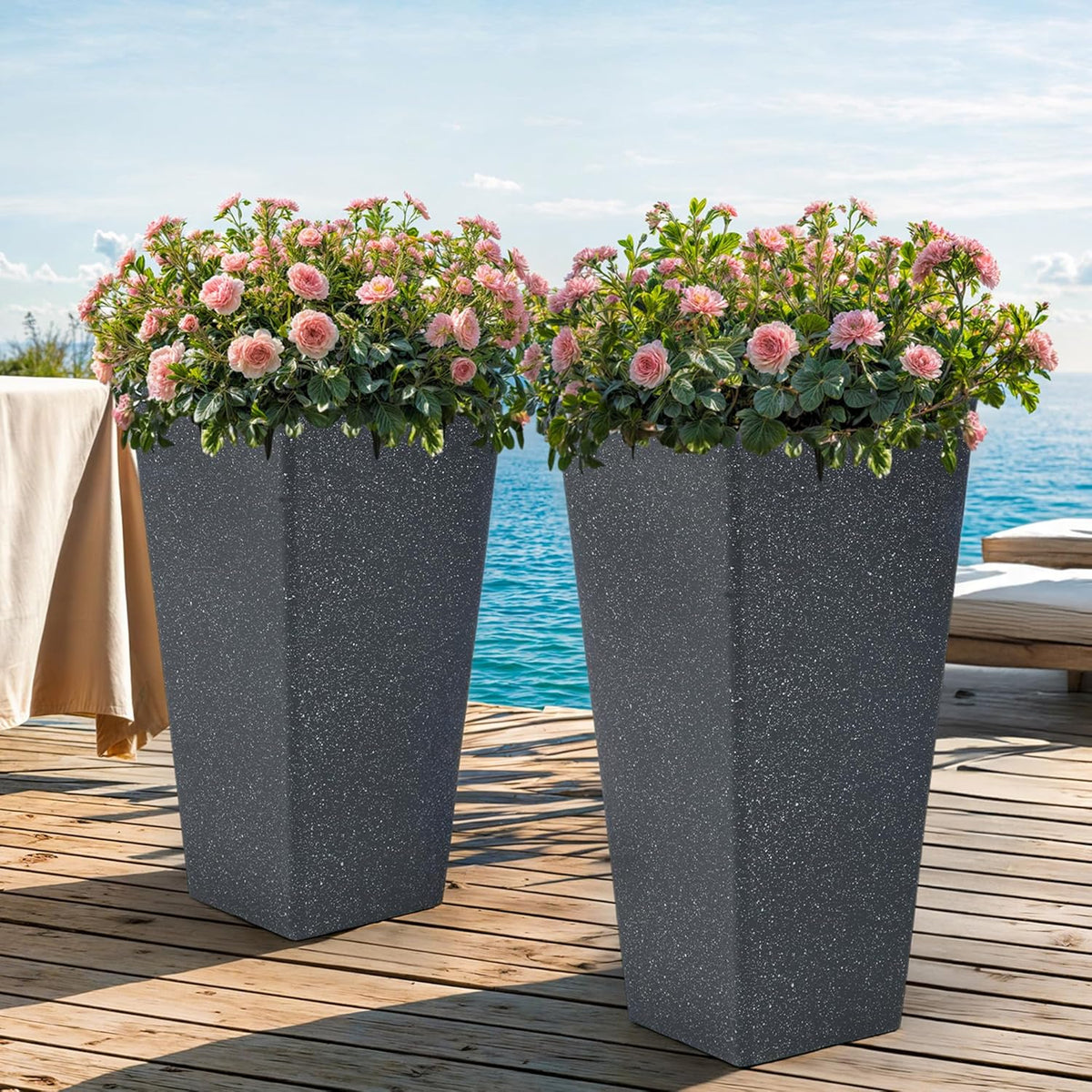 28" Large Tall Planters for Outdoor Plants, Set of 2 V-Shaped Planter Box with Black Terrazzo Look