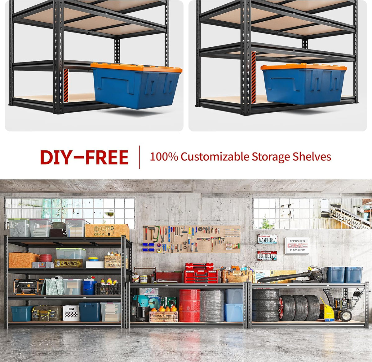 REIBII 48.2" W Garage Shelving, Storage Shelves Load 2600LBS, 4-Tier Adjustable Heavy Duty Metal
