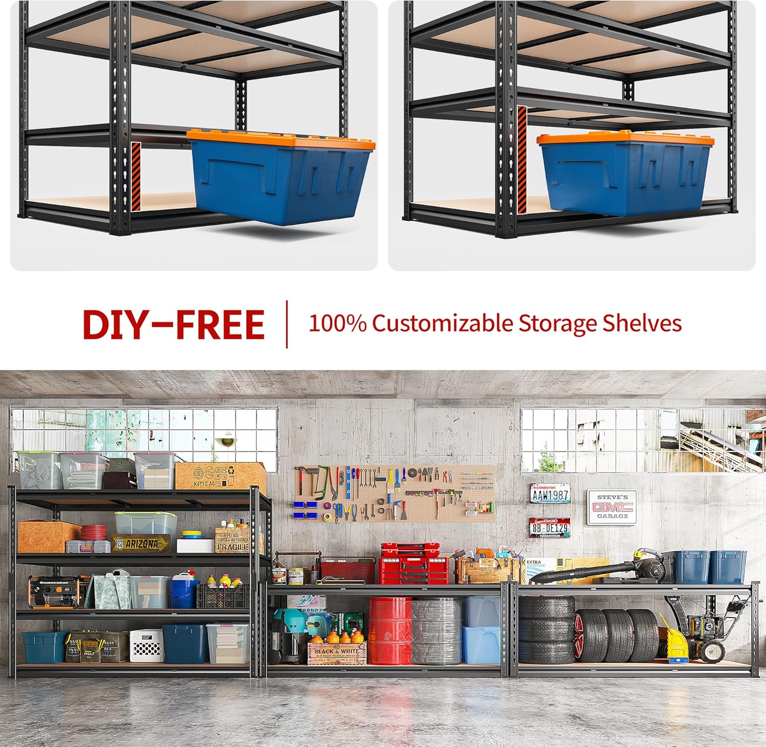REIBII 48.2" W Garage Shelving, Storage Shelves Load 2600LBS, 4-Tier Adjustable Heavy Duty Metal