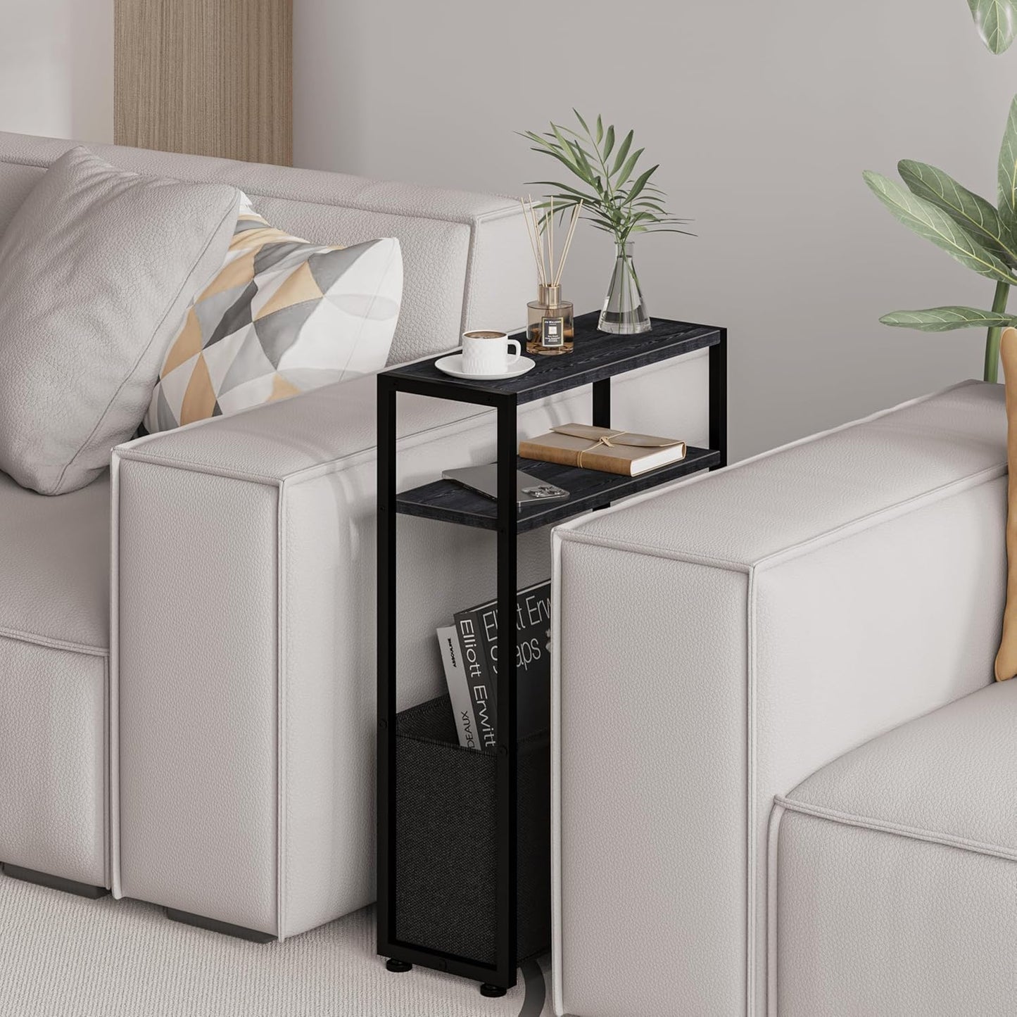 Black Side Table, Slim Side Table with Magazine Rack, Bathroom Table for Small Spaces, Narrow