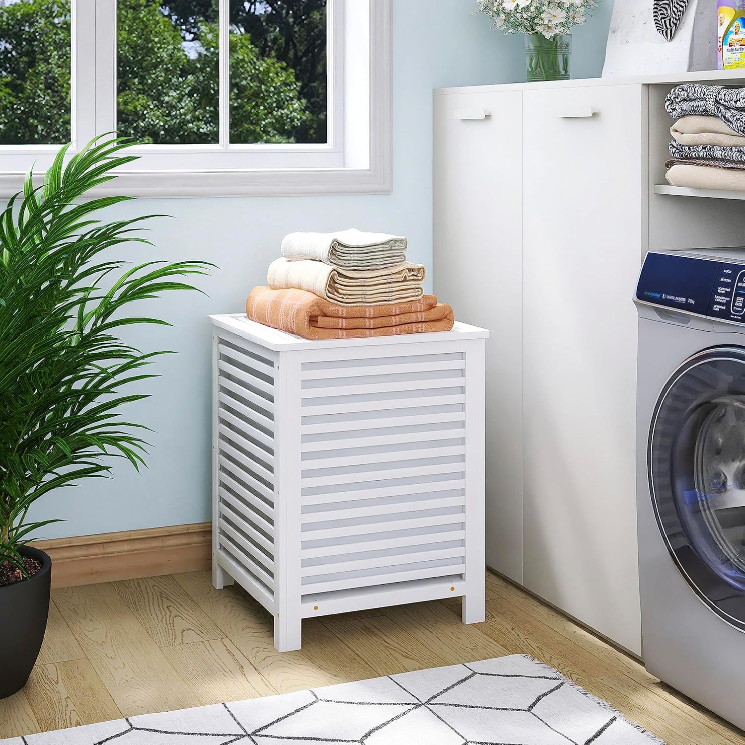 SMIBUY Double Laundry Hamper with Lid, 120L Bamboo Laundry Basket with Removable Liner Bag