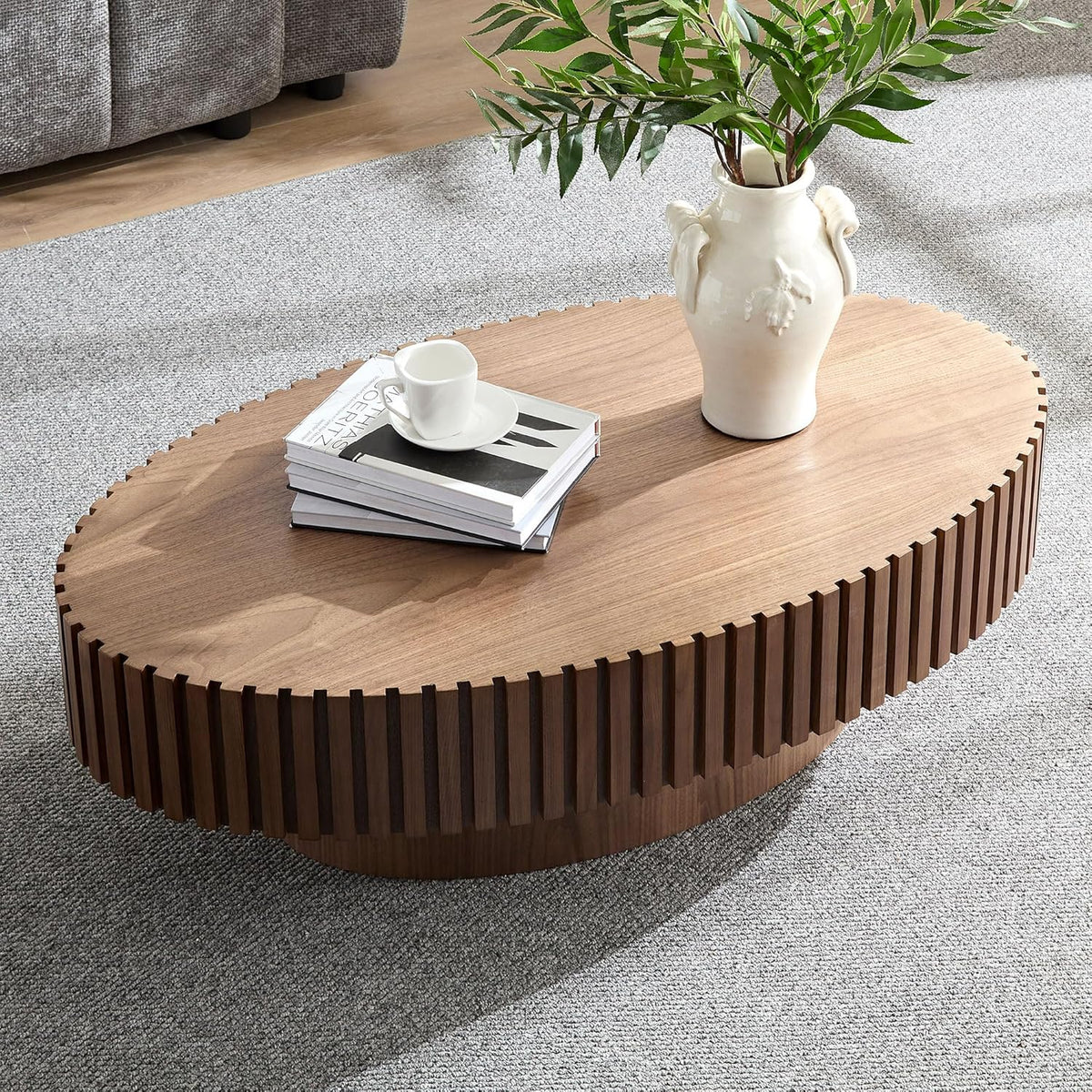 Oval Coffee Table for Living Room, Modern Fluted Coffee Tables with Pedestal Base, Handcrafted