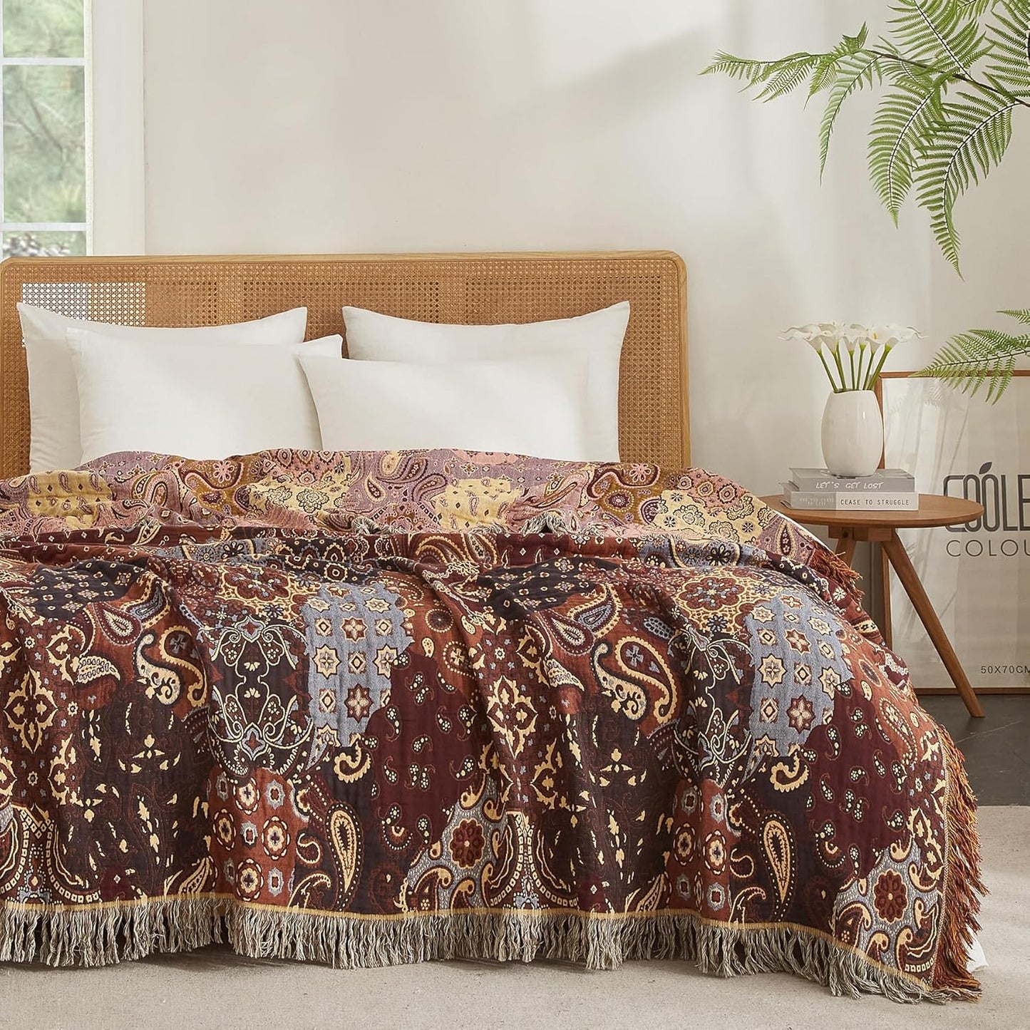 Boho Throw Blanket for Couch Sofa Bed, 100% Cotton Woven Quilt with Tassel 60”x80”, Super Soft