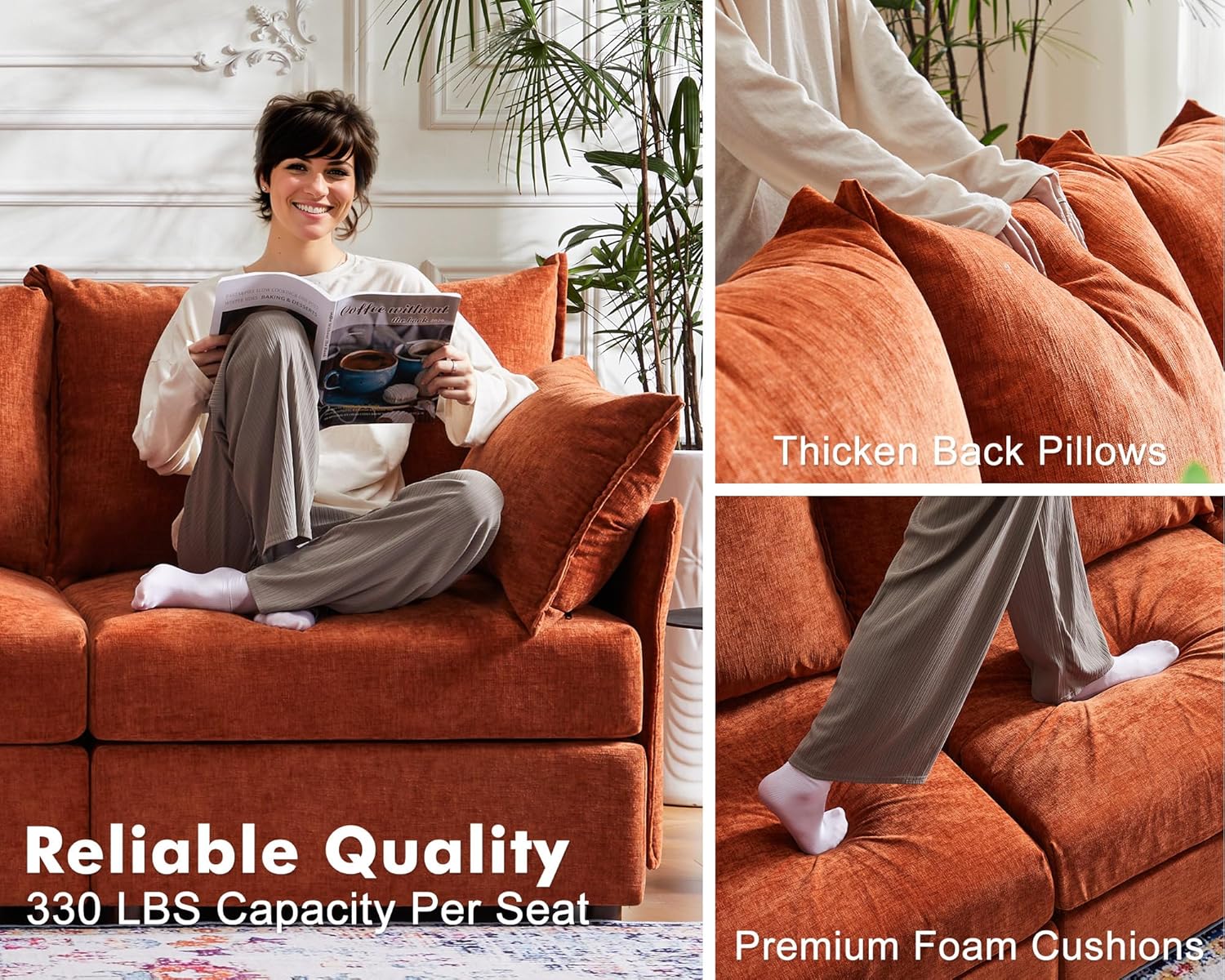 134.6" Modular Sectional Sofa, Oversized 4 Seater Terracotta Orange Couch with Removable Chenille
