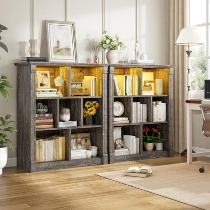EnHomee 7 Cube Bookshelf Cubby Storage Organizer with LED Lights and Charging Station, Wood Shelf