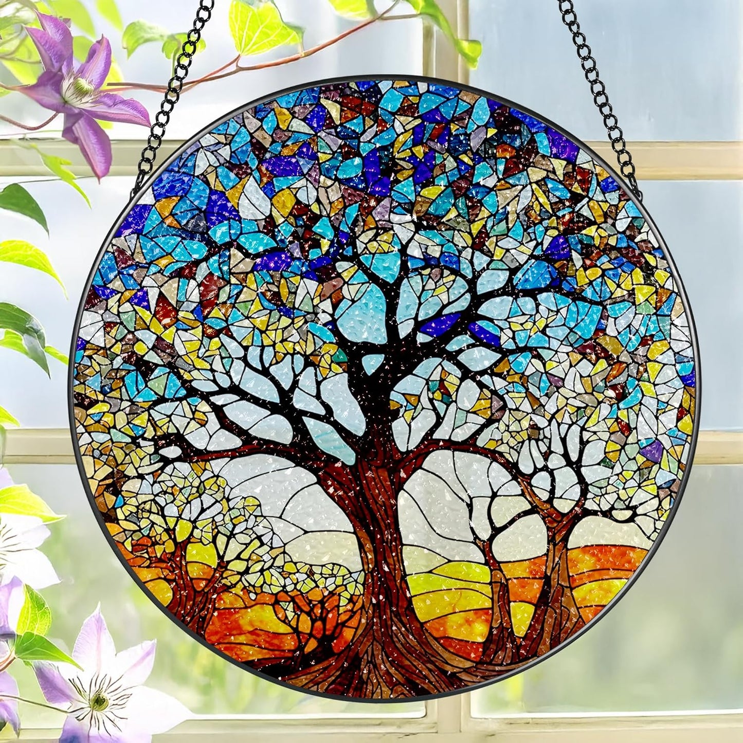 Stained Glass Window Hanging, LAOWEIKI 8'' Tree of Life Suncatcher, Stained Glass Ornament
