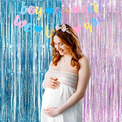 BRAVESHINE Pink Blue Tinsel Foil Fringe Curtains - 2Pcs 3.2x8.2ft Holidays Photo Streamers Backdrop
