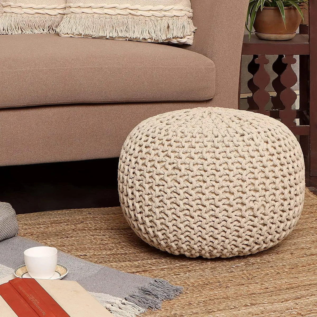 REDEARTH Round Pouf Ottoman - Cable Knitted Boho Poof - Home Décor Cord Pouffe Handmade Circular