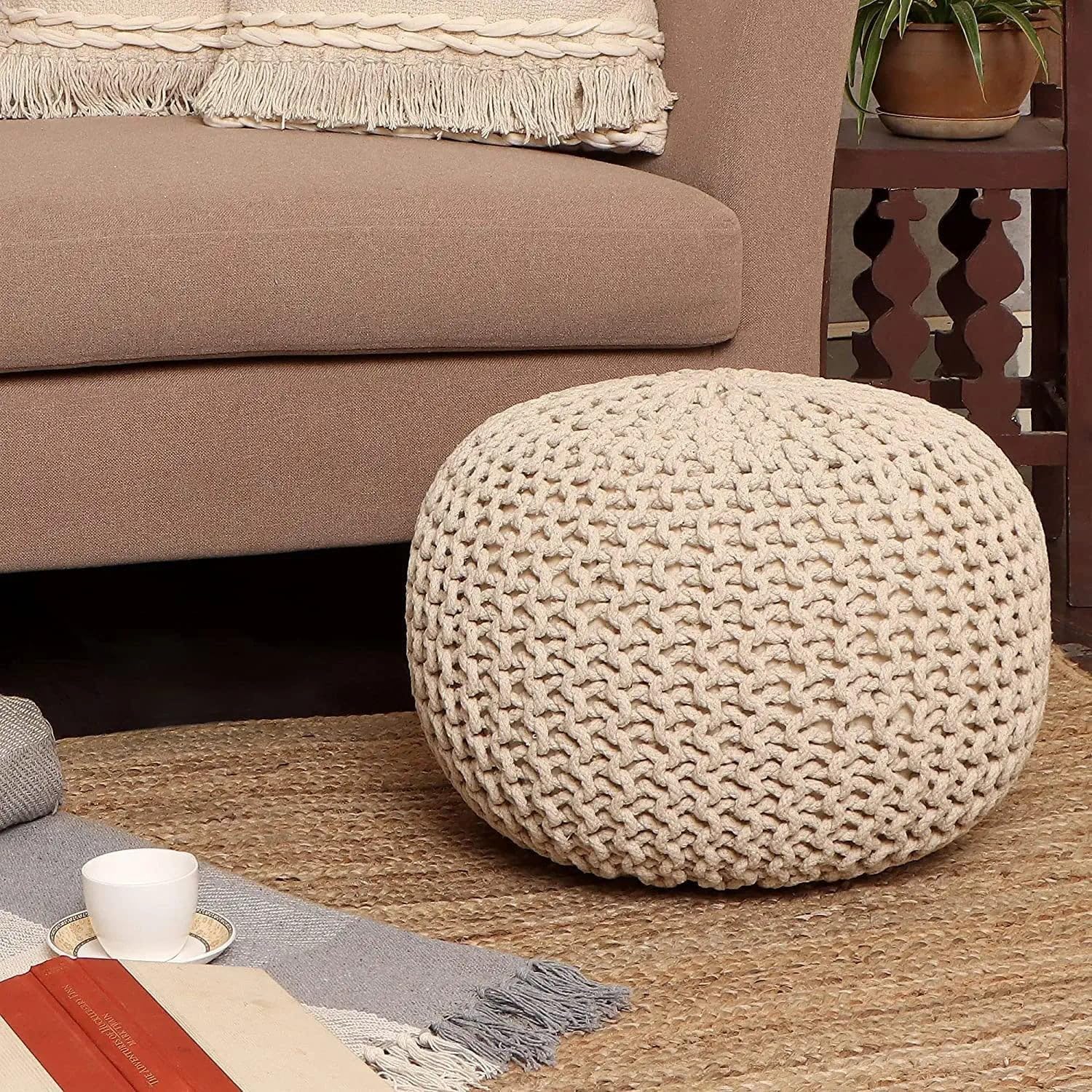 REDEARTH Round Pouf Ottoman - Cable Knitted Boho Poof - Home Décor Cord Pouffe Handmade Circular