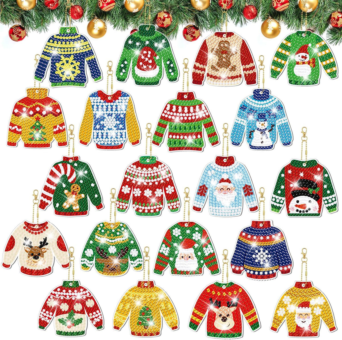 Tondiamo 20 Pcs Christmas Diamond Painting Keychain Kits 5D DIY Diamond Art Pendants Double Sided