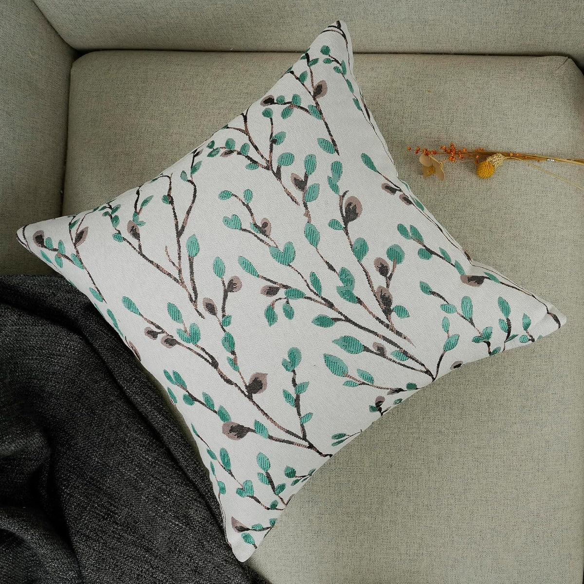 YOUR SMILE Classical Embroidery Jacquard Green Square Decorative Throw Pillow Case Cushion Cover