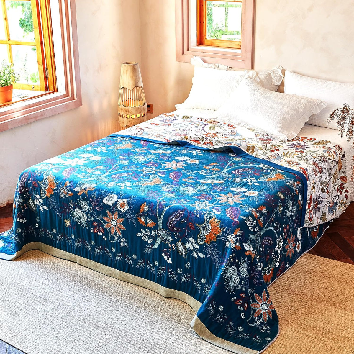 Boho Throw Blanket, 100% Organic Cotton Breathable Ultra Soft Bed Quilt Throw - All Season Floral