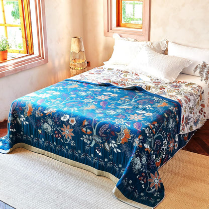 Boho Throw Blanket, 100% Organic Cotton Breathable Ultra Soft Bed Quilt Throw - All Season Floral
