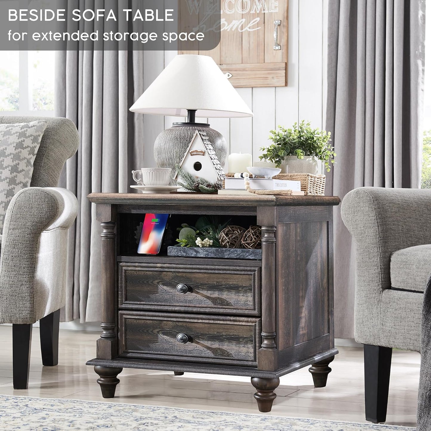T4TREAM 24'' Farmhouse End Table w/4 Solid Wood Feet, Large 2 Drawers Wide Sofa Side Table with