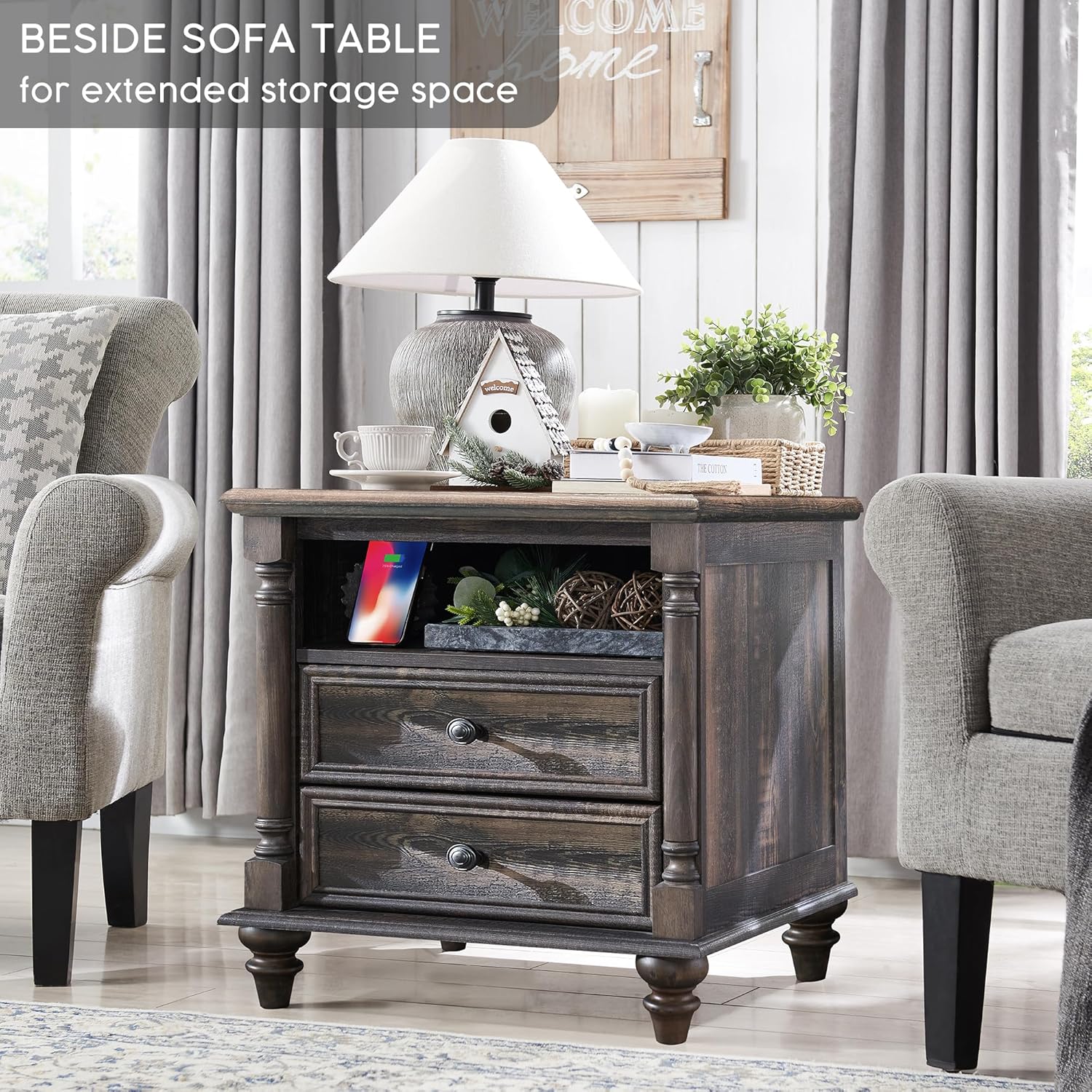 T4TREAM 24'' Farmhouse End Table w/4 Solid Wood Feet, Large 2 Drawers Wide Sofa Side Table with
